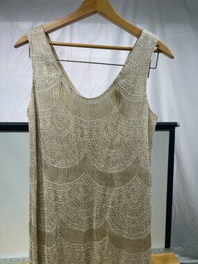 Damianou Womens Small Knit Sleeveless Fringe Hem Maxi Dress Beige Metallic